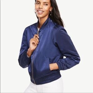 Ann Taylor Women's Navy Blue Satin Ribbed Bomber Jacket Size XXS